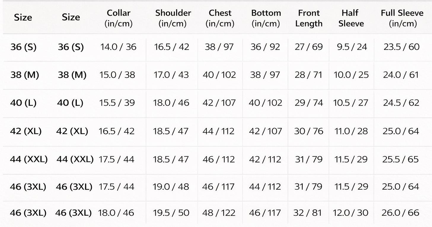  Size Chart - Standard Shirt